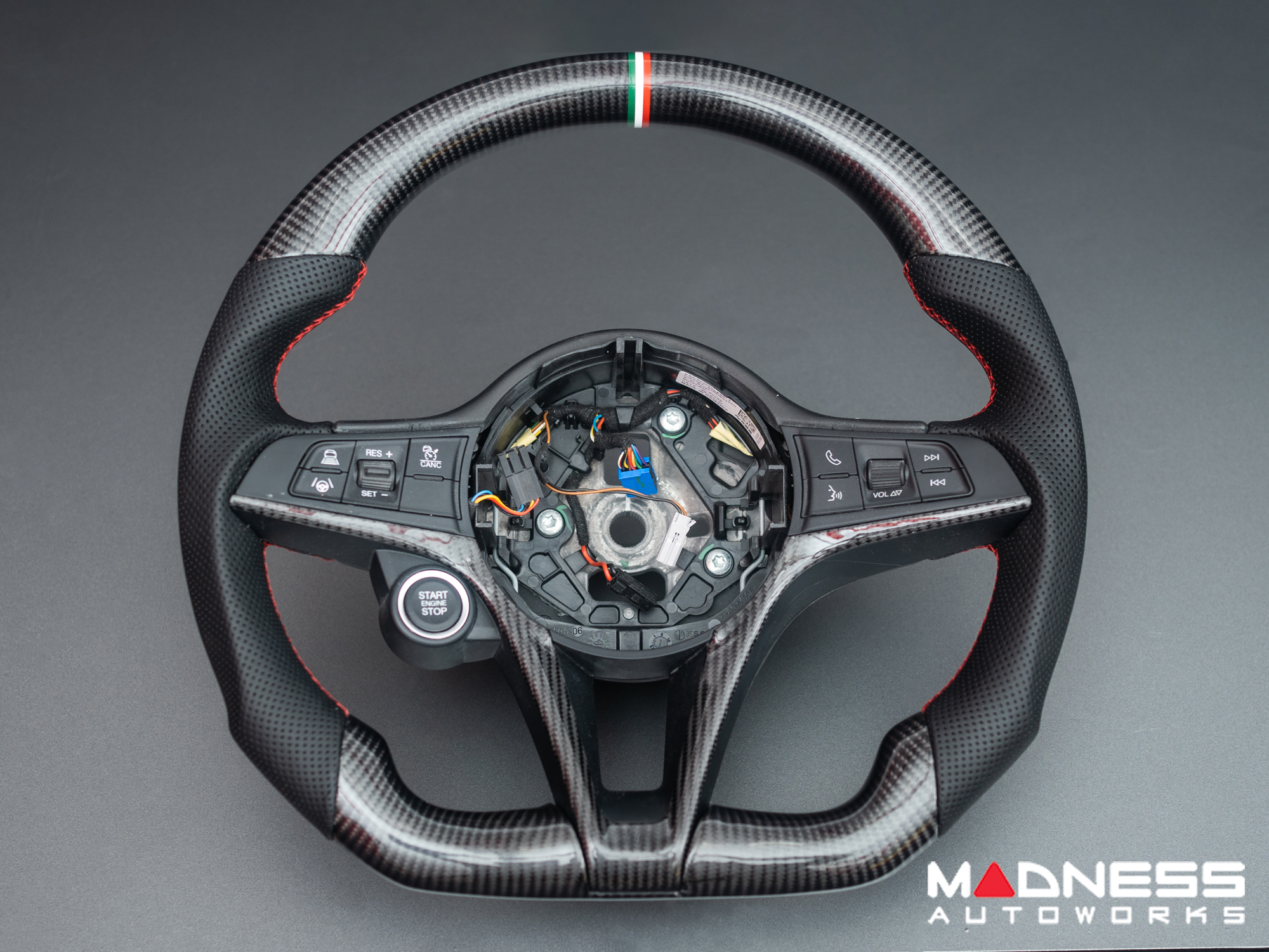 Alfa Romeo Giulia Custom Steering Wheel - Carbon Fiber - Round Top/ Flat Bottom - w/ Italian Stripe - Non QV Models - Alcantara
